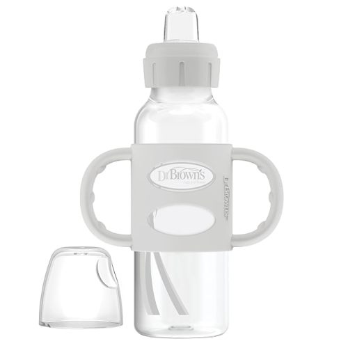 Dr. Brown's Milestones Narrow Sippy Spout Bottle with 100% Silicone, Easy-Grip Handles and Soft Sippy Spout, 8oz/250mL, Gray, 1-Pack, 6m+