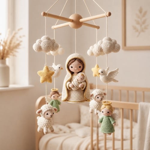 Handmade Crochet Nativity Baby Mobile, Christian Decor Baby Mobile, Handmade Virgin Mary & Angels Baby Mobile, Baby Newborn Gift