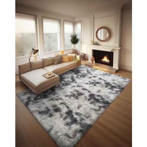 Ophanie Tie-Dyed Grey&White 8x10 Area Rugs for Living Room, Large Shag Bedroom Carpet, Big Indoor Thick Soft Nursery Rug, Fluffy Carpets for Boy and Girls Room Dorm Home Decor Aesthetic
