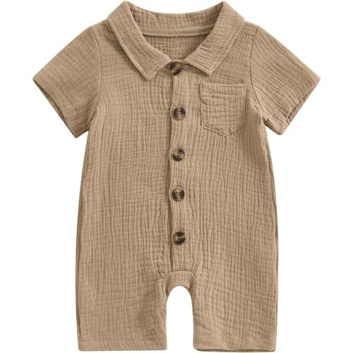 Honganda Summer Baby Boy Cotton Linen Jumpsuit Short Sleeve Button Down Playsuit Romper One Piece Outfit 0-24M