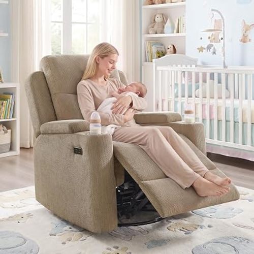 Power Nursery Glider Rocking Chair, Comfy Chenille Camel