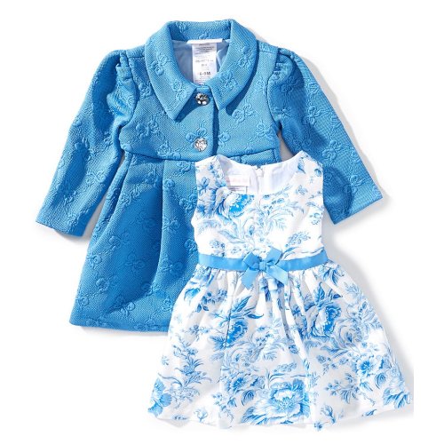 Bonnie Jean Baby Girls Long-Sleeve Bow-Patterned Textured-Jacquard Coat & Sleeveless Floral-Toile-Printed Shantung Dress Set