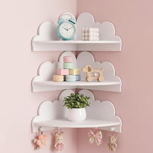 Novabright 3 Pcs Cloud Corner Floating Shelves for Nursery, 90 Degree Wall Mounted Corner Shelf with Hooks, Cute White Dispaly Shelves for Kids Rooms Home Decor - 2 No Hook, 1 with Hook