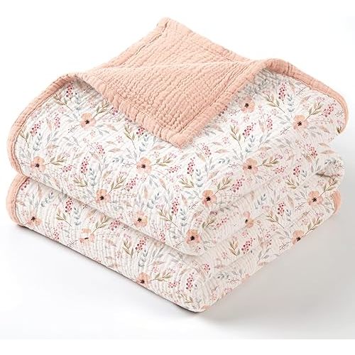 lulumoon Muslin Baby Blanket for Girls: Cotton Toddler Blanket for Crib - Soft Lightweight for Daycare & Nursery 47x47 Inches (Pink Flower)