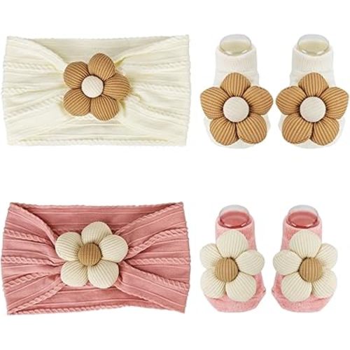 Nirvany Baby Girl Headbands and Socks Set, Non-Slip Socks with Flower Hairbands, Comfortable Newborn Infant Toddler Accessories (Pink/Cream Yellow, 6-12 months)