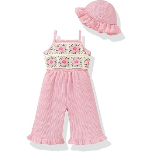 XUANHAO Baby Girl Romper Infant Baby Clothes With Hat,Summer Crochet Ruffle One-Piece Tddler Girls Jumpsuit Overall Pants Set