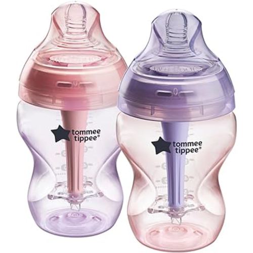 Tommee Tippee Advanced Anti-Colic 9 oz BPA Free Baby Bottles, Newborn 0+ Months, Slow Flow Breast-Like Nipple, Unique Design Keeps Air Away from Milk and Baby, Pink and Purple, Pack of 2