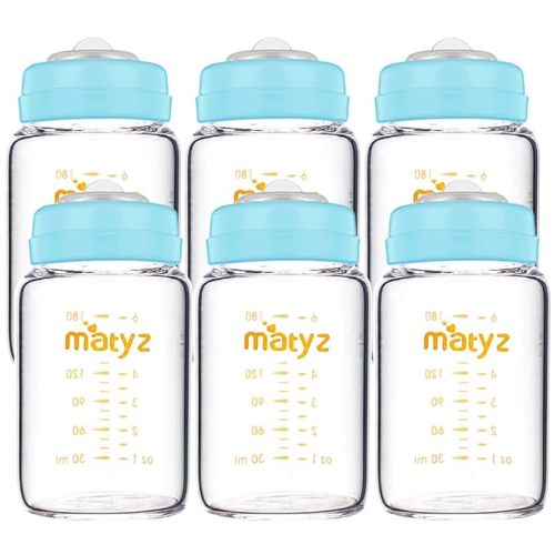 Matyz Glass Breastmilk Storage Bottles, 6 Pack, 6 oz, Compatible with Spectra Medela Breast Pump - Freezer Safe Storage Bottles Set - Wide Mouth Breastmilk Storage Containers - No BPA (Blue Lids)