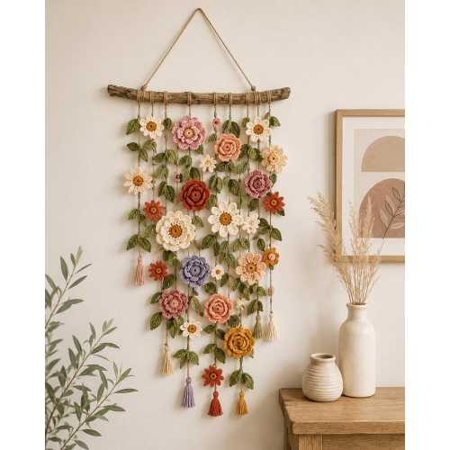 Hand-Crocheted Floral Wall Hanging, Boho Cotton Tapestry with Tassels (31.5 x 19.69 inches)