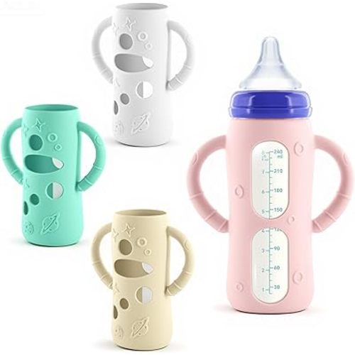 4-Pack Silicone Sleeves for Lansinoh Glass Bottles 8 oz- Starry Sky Design Baby Bottle Holder with Handles,Protectors for Lansinoh Natural Wave Glass Bottles, Anti-Scald Feeding Supplies
