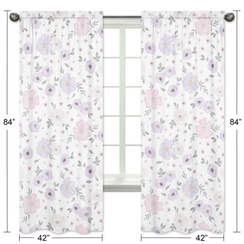 Sweet Jojo Designs Lavender Purple Pink Grey and White Watercolor Floral Collection 84-inch Window Treatment Curtain Panel Pair
