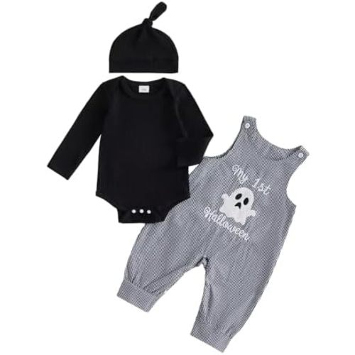 My First Halloween Baby Boy Outfit Romper Plaid Overalls Pants Set