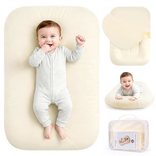 Infant Support Cushion, Baby Lounger 0-24 Months – Portable Tummy Time Mat & Rest Pod, Soft Cotton, Waterproof, Machine Washable, Safe for Supervised Play, Back Support (Beige)