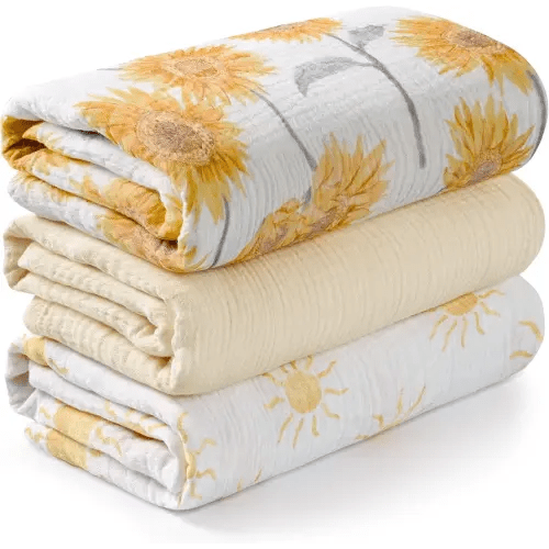 Muslin Swaddle Blankets for Newborn, 3 Pack Breathable Soft Receiving Blanket, Large 38 x 40 inches Swaddle Wrap Burping Clothes, Essentials Infant Shower Items, Toddler Gift (Sunflower)