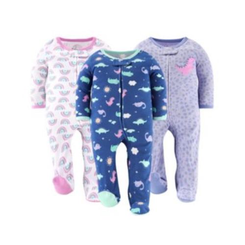 Baby Girls Dino Footed Sleepers for Girls, 3 Pack