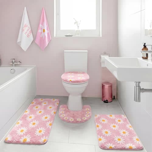 Nuanchu 6 Pcs Pink Daisy Bathroom Rugs Set | Include Daisy Hand Towels Non Slip Sunflower U-shaped Toilet Rug Water Absorption Bath Mat for Bathroom Bedroom Living Room