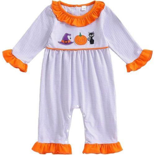 Sasaerucure Newborn Baby Girl Halloween Clothes Pumpkin Long Sleeve Romper Jumpsuit Striped One Piece Outfit