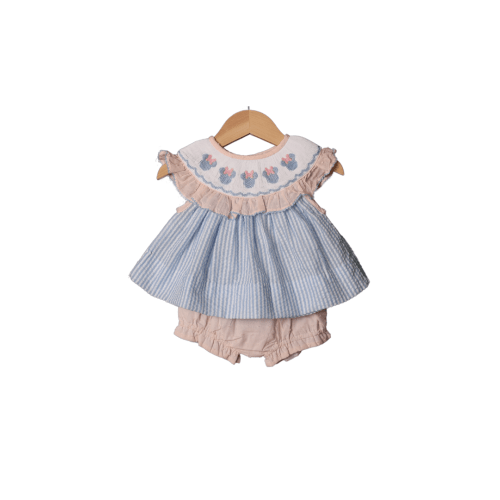 Smocked Mouse Blue Seersucker Bow Set