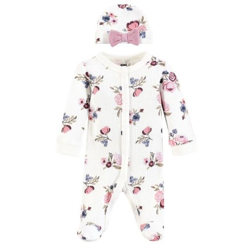 Hudson Baby Girls Thermal Preemie Sleep and Play and Cap Set, Dusty Rose Floral, Preemie