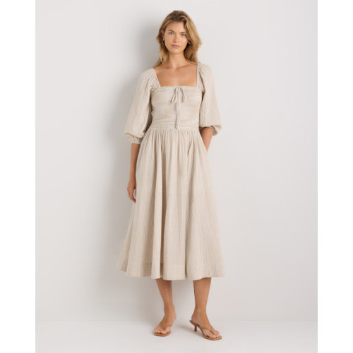 100% Organic Cotton Gauze Smocked Square Neck Midi Dress in Khaki Gingham