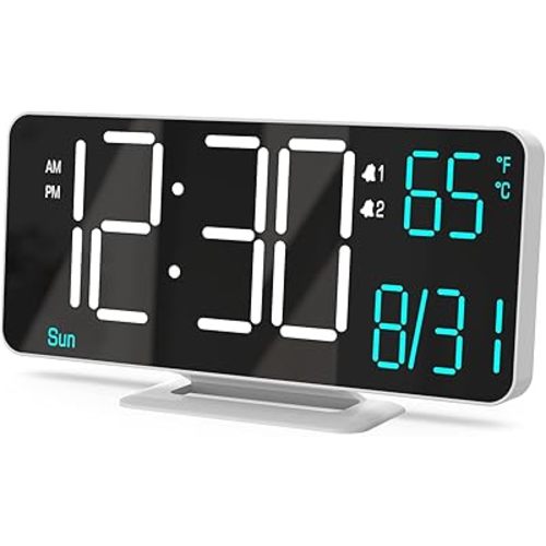 KOSUMOSU Digital Alarm Clocks 6.7in Small Digital Clock for Bedroom,Auto Dimming,Dual Alarm, Date, Seconds, Day of Week, Indoor Temperature,Desk Clock for Classroom,LED Clocks for Living Room