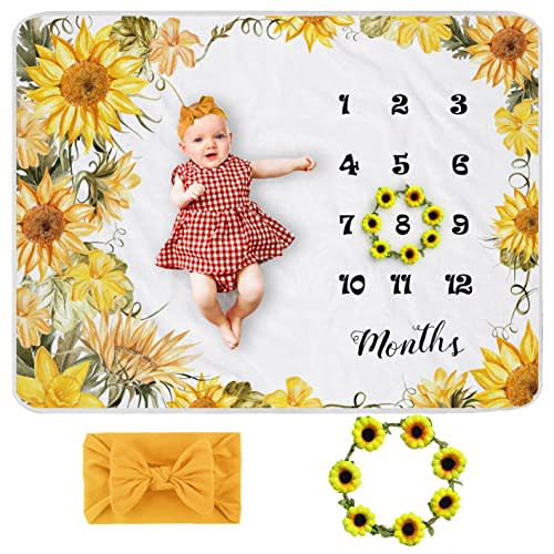 Sunflower Baby Monthly Milestone Blanket Girl, Floral Newborns Month Blanket Gift for Baby Shower, Soft Plush Photo Prop Blanket, Wreath &Headband Included, 45''x40''