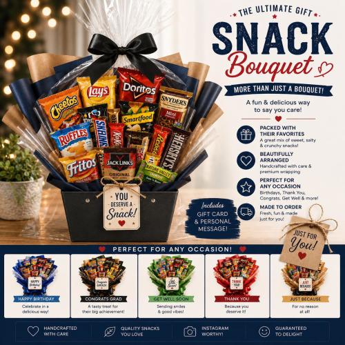 Snack Bouquet Gift Basket, College Graduation, Any Occasion Care Package