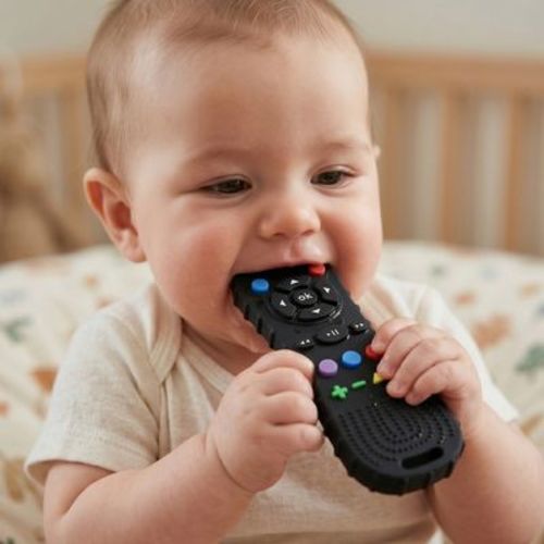 Silicone Remote Control Baby Teether Toy, BPA-Free Food Grade Silicone for Teething Relief, Available in Black,