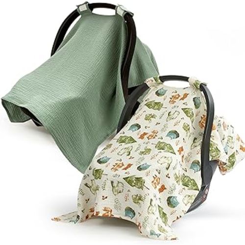 SERAPHY 100% Muslin Cotton Car Seat Cover Baby, 2 Pack Universal Carseat Covers Baby Boy Girl, Breathable Car Seat Canopy, Soft Infant Car Seat Cover for Summer and Winter—2 Pcs Green&Forest