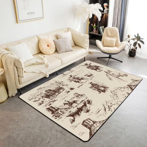 Western Cowboy Decorative Carpet 5x7 for Boys GirlsWestern Area Rug Vintage Western Cowboy Living Room Rugs Brown Farmhouse Indoor Floor Mat