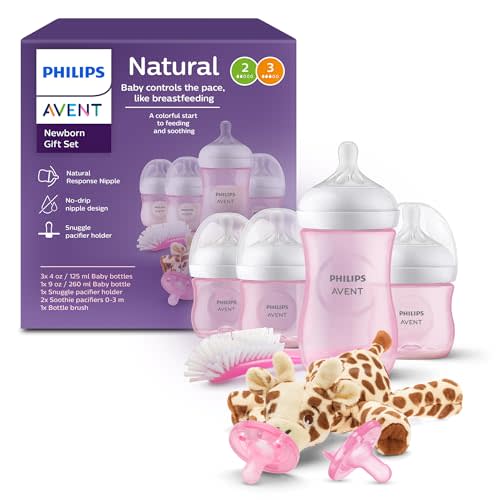 Philips Avent Natural Response Baby Gift Set - 3X 4oz Pink Bottles with Slow Flow Nipples (Flow 2), 1x 9oz Pink Bottle with Medium Flow Nipples (Flow 3), 2X Soothie Pacifiers 0-3m, SCD838/03