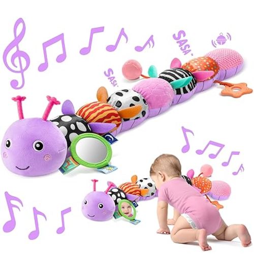 Sumobaby Baby Toys 0-6 6-12 Months, Music Caterpillar Plush Toy with Baby Mirror, Pull String&Crinkle Rattle,Infant Teething Toys,Tummy Time for 0-3-6-12 Month Boys Girls Newborn Gifts (Purple-Leaf)