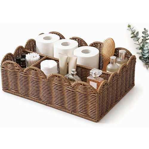 Storage Basket with 3 Compartments, Scalloped Bathroom Organizer Basket, Decorative Diaper Caddy Woven Organizer Basket for Vanity, Skincare, Toilet Paper, Towels & Home Decor (Tea Brown, L)