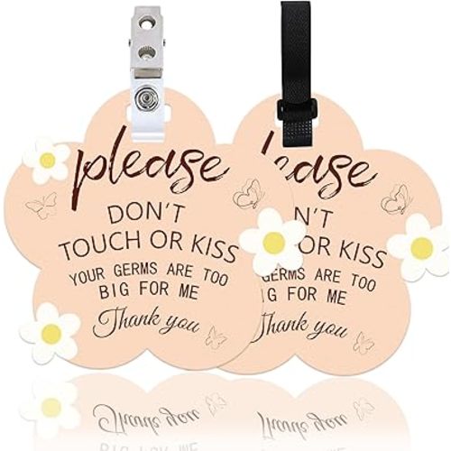 ORIGACH 2 Pack Please Don't Touch or Kiss Baby Sign, Flower Shape No Touching Baby Sign with Hanging Strap and Clip for Newborn Neutral Baby Preemie