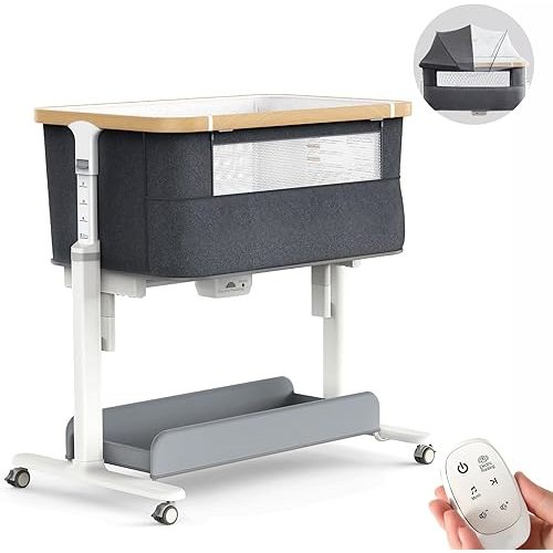 Electric Baby Bassinet 3 Rocking Motion Cradle for Babies Infant, Auto Rolling Bedside Sleeper with Mosquito Net, 3 in 1 Baby Crib 5 Adjustable Heights,Dark Grey