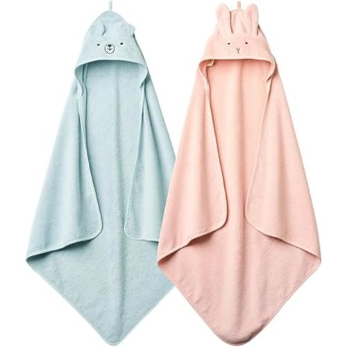 Baby Hooded Towel – Organic Cotton Baby Bath Towels, 32" x 32" Super-Soft and Absorbent Baby Towels for Newborn 2-Pack (Rabbit Blush/Bear Baby Blue)