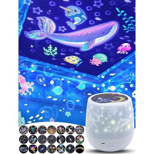 21 ensembles de films, projecteur de veilleuse pour chambre d'enfants, plafond, veilleuse pour bébé, lampe à étoiles avec rotation à 360° et intensité variable pour filles et garçons, anniversaire