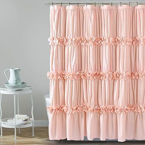 Peach Ruffle Shower Curtain, Vintage Handcrafted Bow Tie Bath Curtain for Master Bathroom, Ruched Microfiber Bathroom Curtain with 12 Buttonholes, 72" W x 84" H (LQ-10)