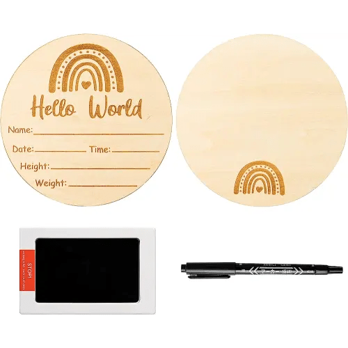 R HORSE Baby Birth Announcement Sign with Ink Pad Wooden Baby Birth Announcement Sign with Marker Pen for Baby Hand and Footprints Double-Sided Boho Rainbow Newborn Name Sign for Baby Shower Birthday