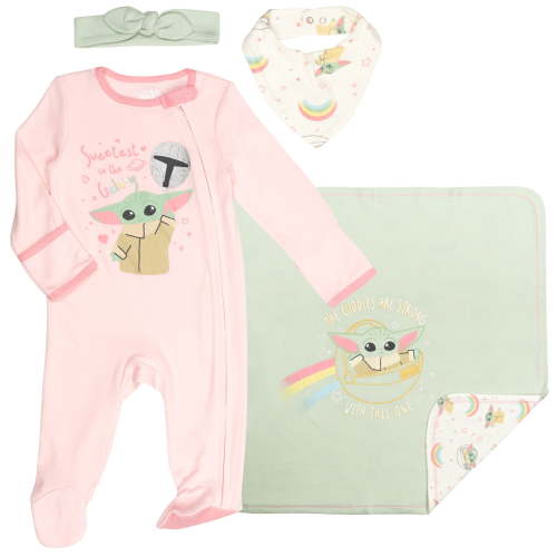 Star Wars The Child Newborn Baby Girls Sleep N' Play Headband Burp Cloth and Blanket 4 Piece Outfit Set Newborn