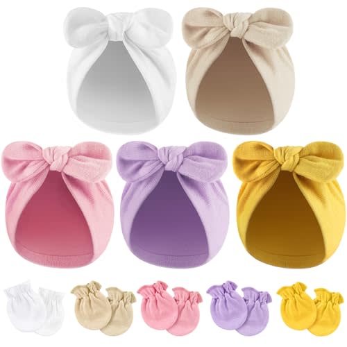 BQUBO Baby Turban Hats and Mittens Set Newborn Infant Hospital Hats Caps with Bows for Baby Boys Girls 0-12 Months