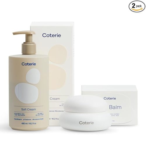 Coterie Baby Dry Skin Skincare Essentials Set | 16.2 oz Face + Body Lotion, 4.7 oz Diaper + Dry Skin Balm | Fragrance Free, Safe for Sensitive Skin, Hypoallergenic, Microbiome Friendly, Eczema Safe