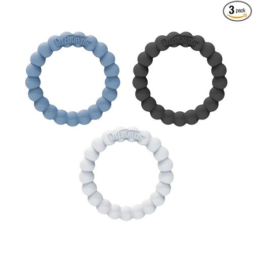 Dr. Brown's Flexees Beaded Teether Rings, 100% Silicone, Soft & Easy to Hold, Encourages Self-Soothe, 3 Pack, Blue, Light Blue, Black, BPA Free, 3m+