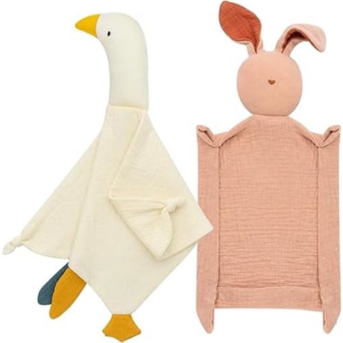 2-Pack Bunny & Goose Baby Lovey Security Blankets, Soft Breathable Cotton Muslin, Unisex for Newborns & Infants (Pink&White)