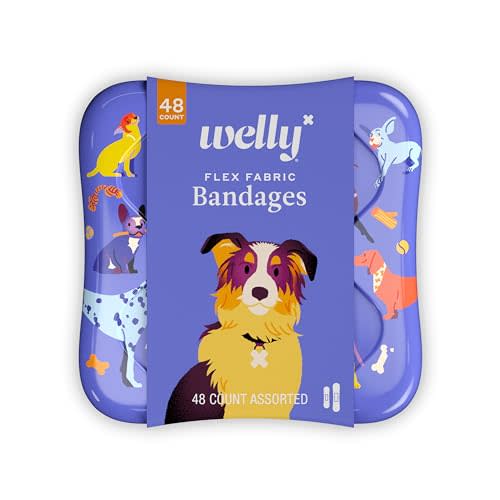 Welly Bandages | Adhesive Flexible Fabric Bravery Badges | Assorted Shapes for Minor Cuts, Scrapes, and Wounds | Colorful and Fun First Aid Tin | Dogs Patterns - 48 Count