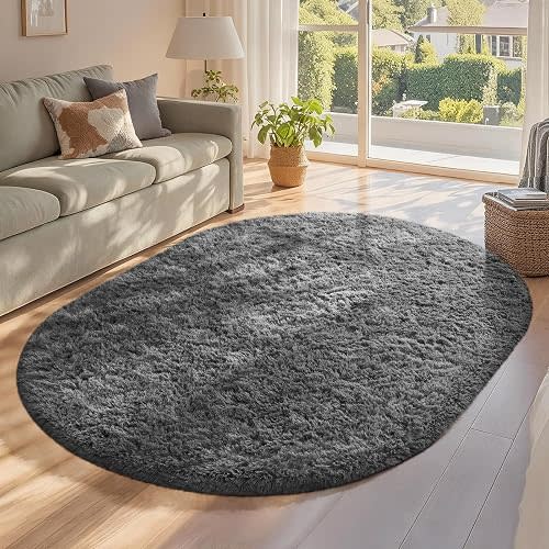 Ophanie 4x6 Oval Grey Rugs for Bedroom Living Room, Fluffy Fuzzy Furry Carpet, Plush Soft Shaggy Bedside Indoor Floor Area Rug for Girls Boys Teen Dorm Decor with Over 99 pcs Pile fibers
