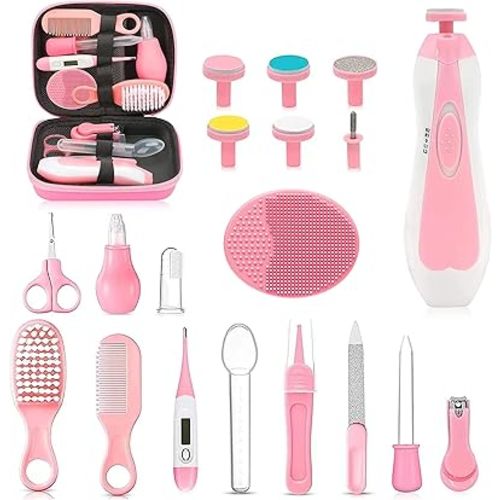 Baby Healthcare and Grooming Kit, 26 in 1 Portable Baby Safety Care Set with Hair Brush Comb Nasal Aspirator Electric Nail Trimmer Set Baby Essentials kit for Newborn Boys Girls (Pink)