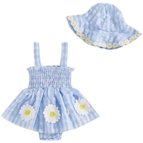 Emmababy Baby Girl Smocked Dress Floral Romper Hat Set Halter Strap Jumpsuit Sleeveless Bubble Romper Newborn Summer Clothes