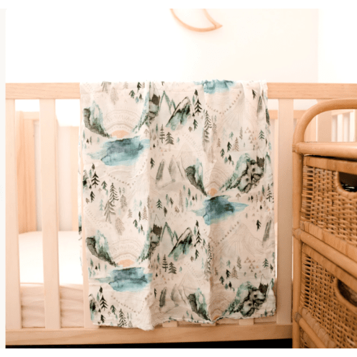 Bamboo Muslin Swaddle Blanket: Mountain Valley Print, Gender Neutral