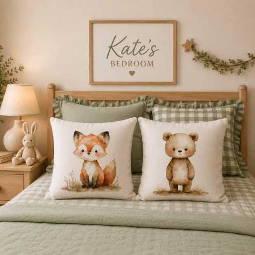 Woodland Fox Bear Pillowcase: Watercolor Nursery Cushion Cover